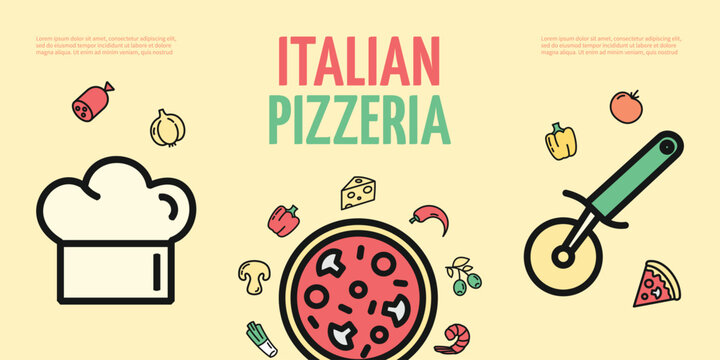 Italian Pizzeria Restaurant Placard Poster Banner Card Template for Promotion and Marketing with Thin Line Elements. Vector illustration