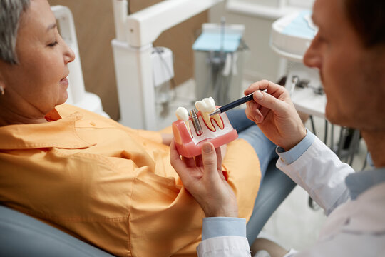 Closeup of male dentist holding tooth model while explaining dental implant surgery to patient in clinic, copy space
