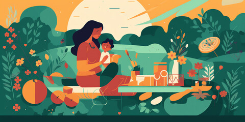 Mother and Child Picnic: Flat illustration of mother and child enjoying a picnic in the park with playful shapes and colors. Generative AI.
