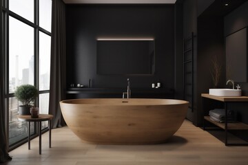Fototapeta na wymiar luxury black bathroom home interior wood bathtub wall design modern furniture. Generative AI.