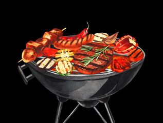 Watercolor barbecue meat, bbq steak beef, vegetable slices on the black barbecue. Hand-drawn illustration isolated on black background. Perfect for menu cafe, restaurant, recipe book, cooking