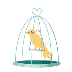 Yellow bird in cage. Vector cartoon illustration. Isolated on white,