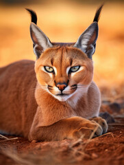 Cat caracal in the wild sits on the ground and looks at the camera.