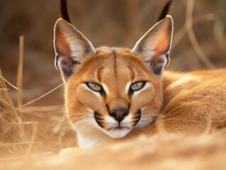 Cat caracal in the wild sits on the ground and looks at the camera.