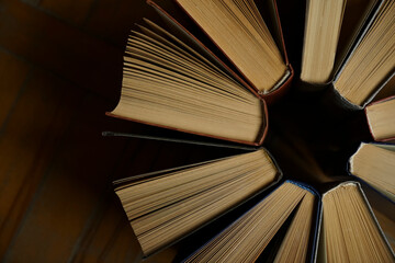 different books standing on wooden floor. brown wood parquet on background. empty copy space for inscription. back to school idea. spread around. top view. empty copy space.