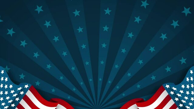 4K USA Background animation. USA flag on navy blue star rays background animation