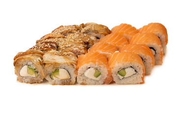 Sushi with cream cheese, eel and salmon isolated on white background.