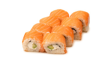 Sushi with cream cheese and salmon isolated on white background.