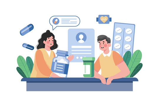 A pharmacist dispenses medication and provides advice on their use.