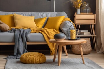 yellow sofa home modern pillow house cushion grey white interior decor. Generative AI.