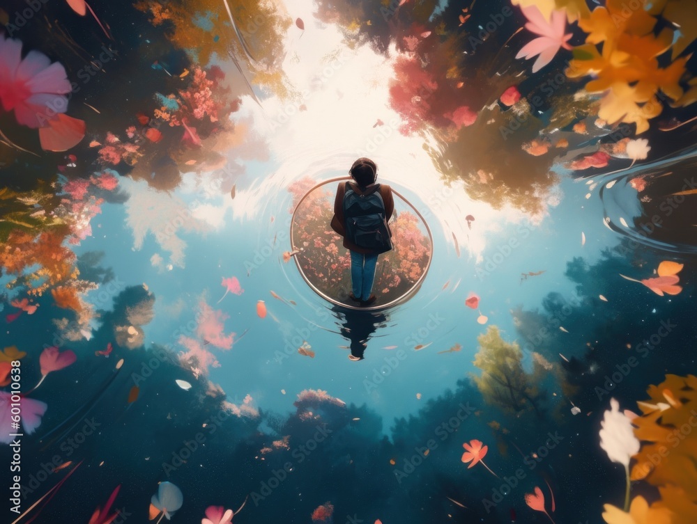 Poster a person standing in a circle surrounded by leaves. generative ai image.