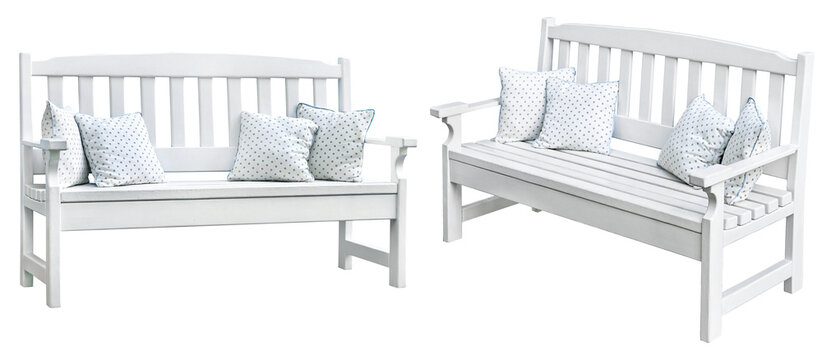 white wooden bench with pillows isolated mickup set