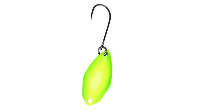 Metal fishing lure isolated on white background. Spinner lure rotates
