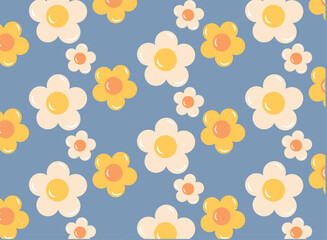 Cute groovy flower seamless patterns Retro background with daisies, funky vintage aesthetic floral textile print vector