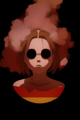 Drawing of sad hipster girl with sunglasses - black background. Halloween, horror, demonic background, generative AI