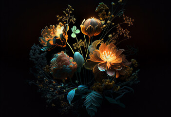 Bright bouquet glowing on a dark background, screensaver for your phone. AI Generated