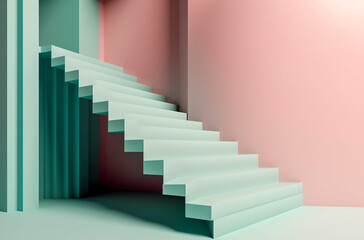 Modern Design Meets Nature: A Futuristic 3D Rendering of a Green Staircase in a Pink Room, ai generative