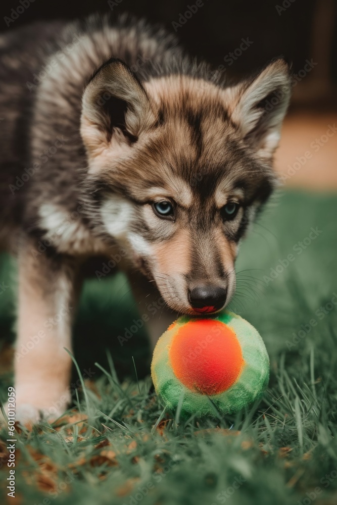 Poster a puppy playing with a ball in the grass. generative ai image.