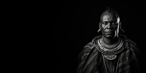 Fototapeta na wymiar Black and white photorealistic studio portrait of a Maasai Warrior on black background. Generative AI illustration