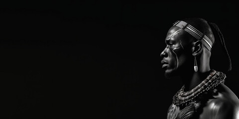 Black and white photorealistic studio portrait of a Maasai Warrior on black background. Generative AI illustration