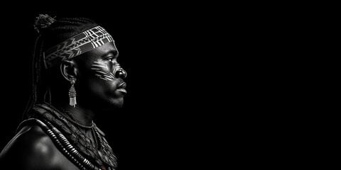 Fototapeta na wymiar Black and white photorealistic studio portrait of a Maasai Warrior on black background. Generative AI illustration