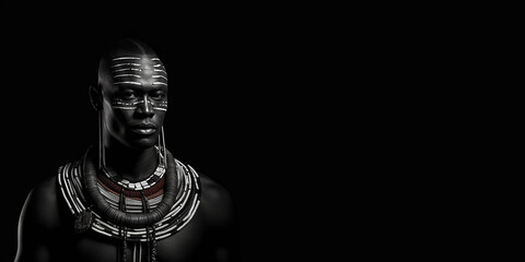 Black and white photorealistic studio portrait of a Maasai Warrior on black background. Generative AI illustration