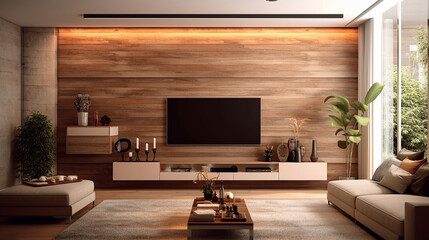 Modern wooden TV unit and lighting concept in a television room. Generative AI