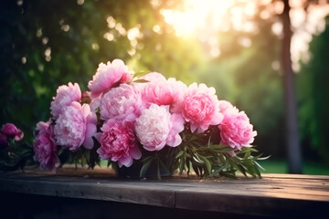 Obraz na płótnie Canvas Romantic bouquet of peonies in the garden on a wooden table in the sunlight. AI generated