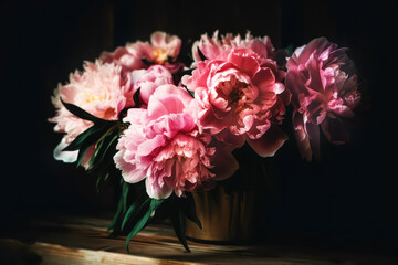 Romantic bouquet of pink peonies on a wooden table in a rustic interior. AI generated