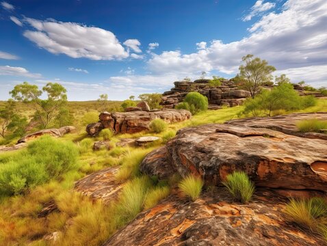 Hiking in the western Australia, green generative ai landscape with rocks