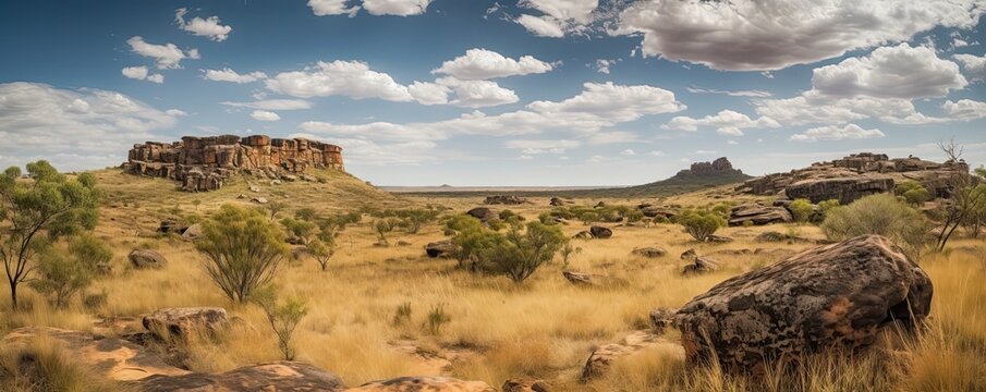 Panoramic view of the desert like landscape in Australia, generative ai field banner