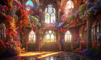 Fototapeta premium Verlassene Villa überwuchert Von Pflanzen Und blumen. Generative KI