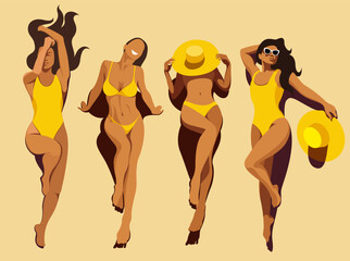 vector trendy image on the theme of summer holidays and tropical holidays. four different beautiful young tanned girls in yellow swimsuits are sunbathing on the beach. elements isolated. top view. - obrazy, fototapety, plakaty