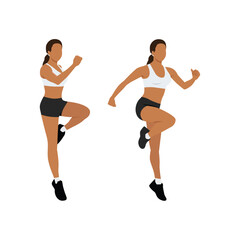 Woman doing Power skips exercise. Flat vector illustration isolated on white background