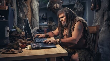 Fototapeta na wymiar A caveman working at a computer. Generative AI