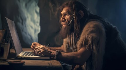 A caveman working at a computer. Generative AI - obrazy, fototapety, plakaty