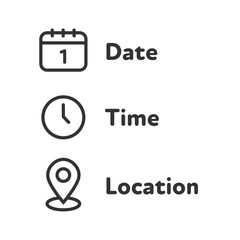 Date, time, location icon with flat style. Event message on isolated background. Information symbol business concept. Editable stroke vector stock illustration.
