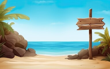 Wooden sign at the tropical beach by the ocean. Generative Ai illustration