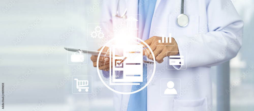 Aufkleber documents concept, doctor use computer connection server data base patient for technology treatment 