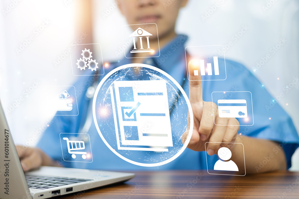 Aufkleber documents concept, doctor use computer connection server data base patient for technology treatment 