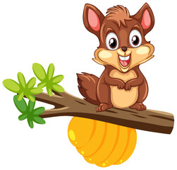 Fototapeta premium Cute squirrel cartoon character standing on tree branch