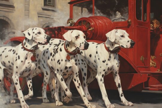 Painting of Dalmatians dogs playing with a firetruck in the street
