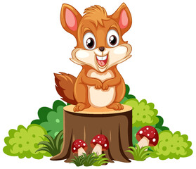 Cute squirrel cartoon character standing on tree stump