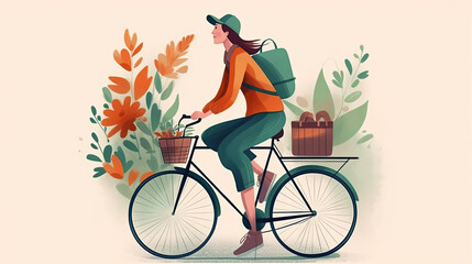 Woman riding bicycle by countryside road with bagpack and basket. Adorable young woman on bike. Countryside female bicyclist. Flat retro cartoon illustration. AI Generated Art