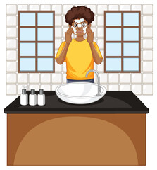 A male teen cleaning face at the sink