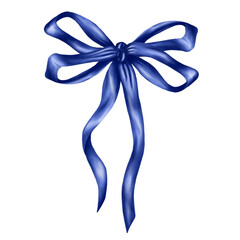 Blue satin bow made of thin smooth ribbon. Digital illustration on a white background. Decorative element for holidays, packaging, clothing, interior