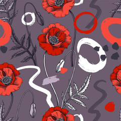 Collage-style summer background. Sketched poppy seamless pattern. Trendy design with floral sketches, geometric shapes, and abstract elements. Perfect for print, poster, card, fabric, wrapping