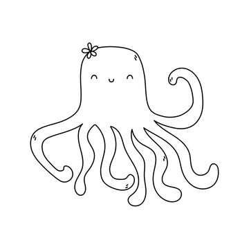 Cute doodle Octopus. Black and white Octopus. Vector illustration isolated on a white background