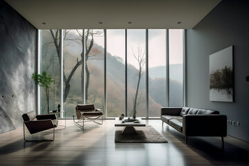 Modern Minimalist Living Room with Epic Landscape View, Generative AI
