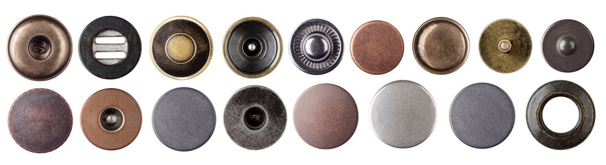 Metal jeans buttons and rivets set collection on white background.
